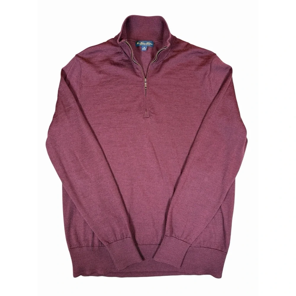 Brooks Brothers Sweater Men's Medium Extra Fine Merino Wool Quarter Zip Burgundy